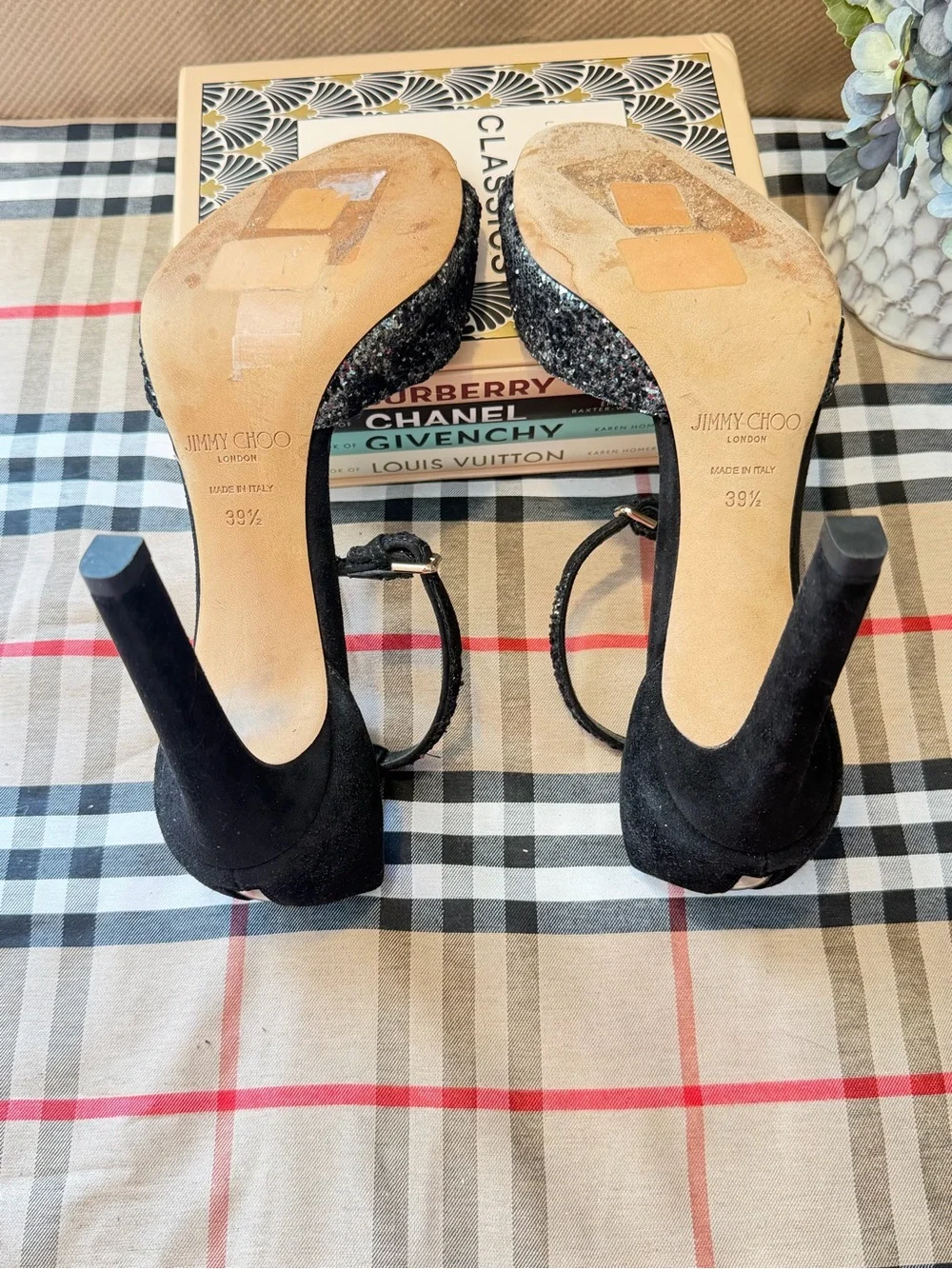 Jimmy Choo Black Glitter Ankle-Strap Stiletto Heels
